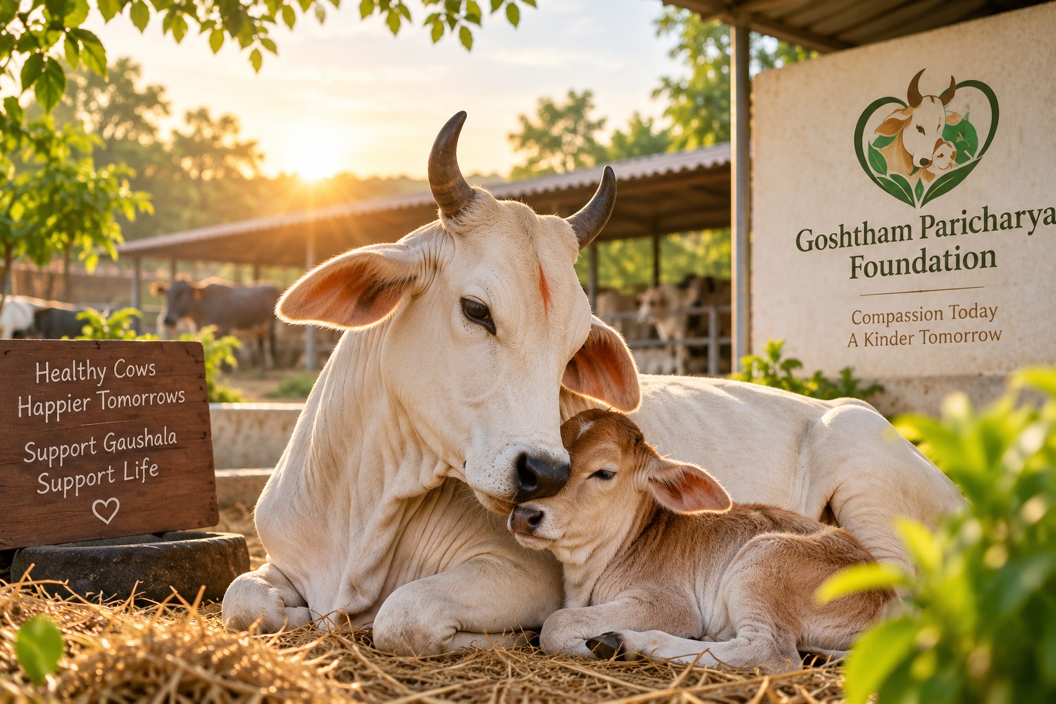Cow and calf at a warm rural gaushala